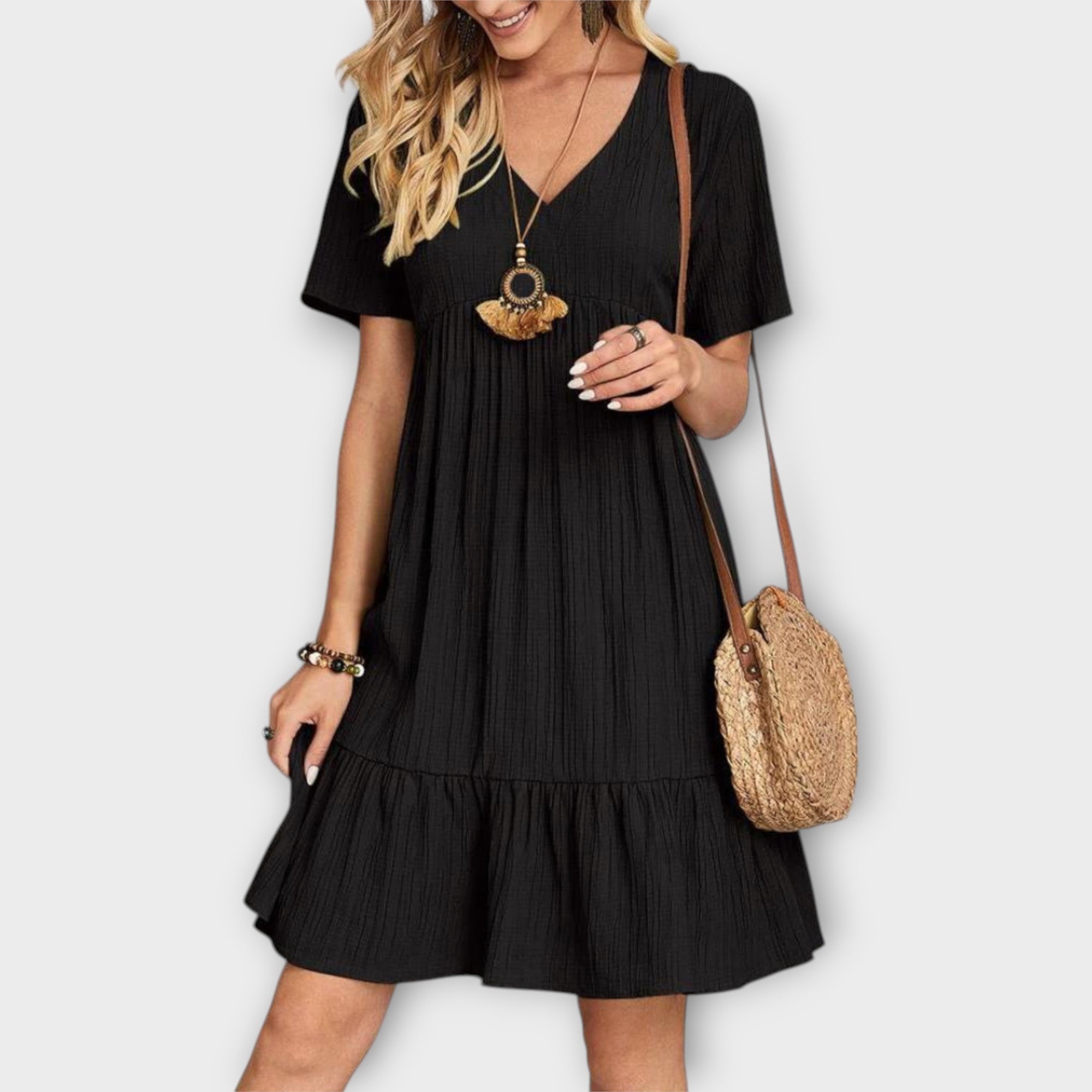 Καλοκαιρινό Φόρεμα Boho με Πιέτες και Κοντό Μανίκι