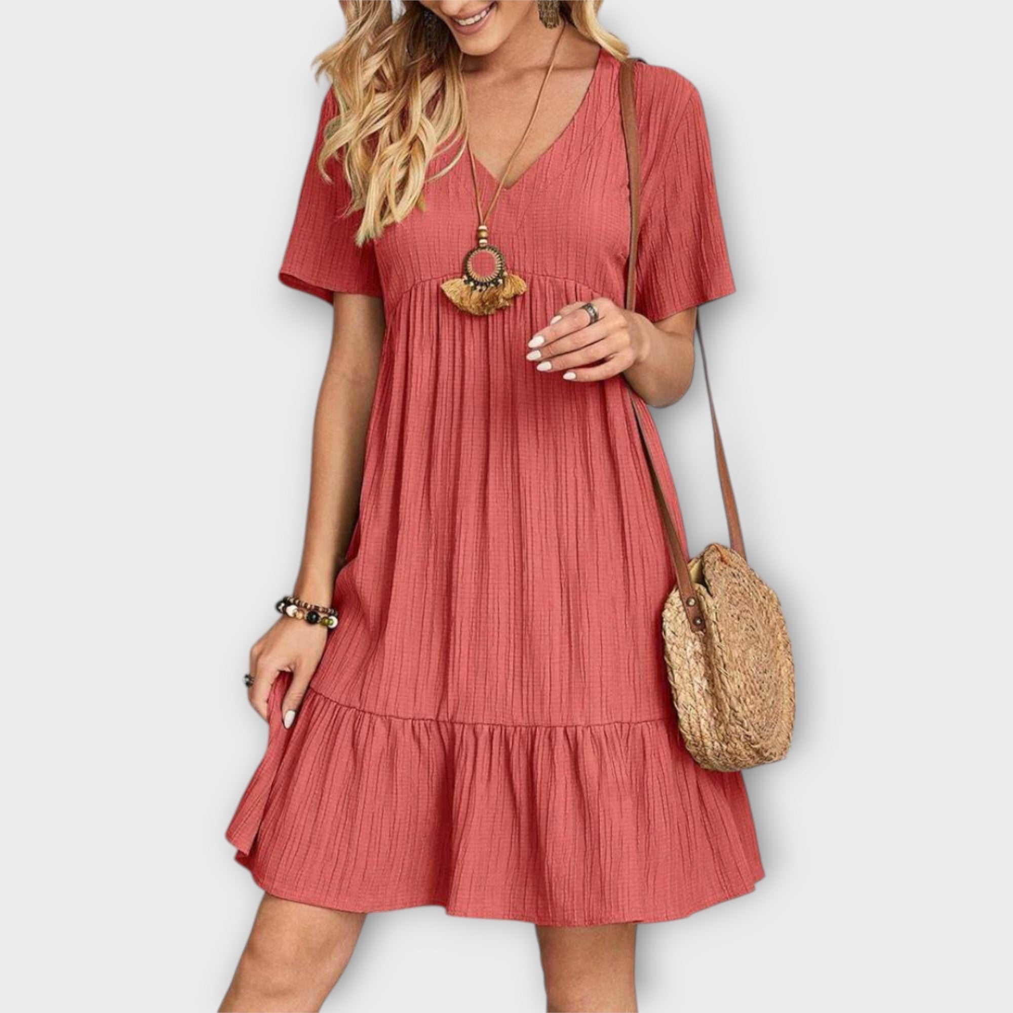 Καλοκαιρινό Φόρεμα Boho με Πιέτες και Κοντό Μανίκι