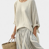 Σύνολο Casual Daisy με Oversize Μπλούζα και Midi Φούστα με Ρίγες από Λινό Μπαμπού για Ένα Κομψό και Άνετο Στυλ