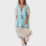 Αέρινο Φόρεμα Boho με Μανίκια 3/4 και Λαιμόκοψη με Κορδόνια