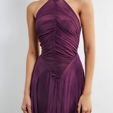 Cristina - Vestido longo franzido com cauda roxa