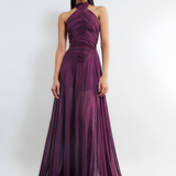 Cristina - Vestido longo franzido com cauda roxa
